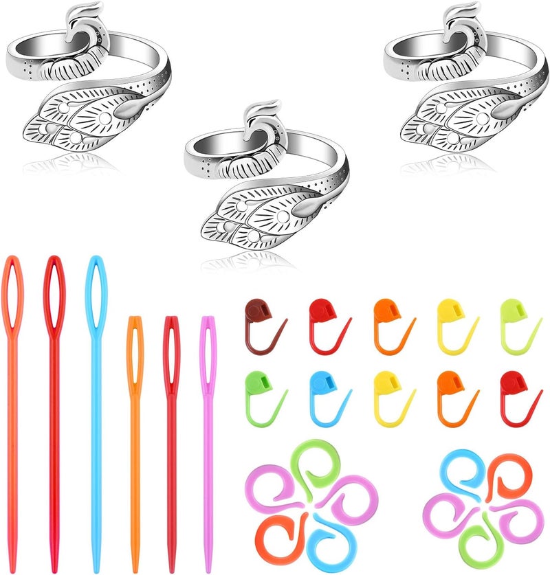 Yizzvb 3 Pcs Crochet Ring+30Pcs Stitch Markers, Knitting & Crochet Accessories Set, Adjustable Tension Rings for Finger Yarn, 6 Large Eye Blunt Needles for DIY Crafts,Crocheters Knitters - Image 1